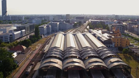 The drone flies over the tracks of the main railway station. Stock Footage 108194105