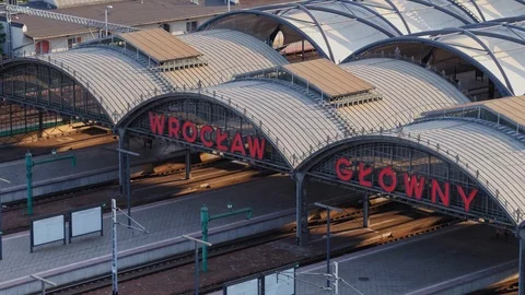 The drone flies over the trackside of main station. Stock Footage 108130952