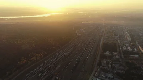 A drone flies over a train station. Aerial top view. Railway sorting station at Stock-Footage 136191897