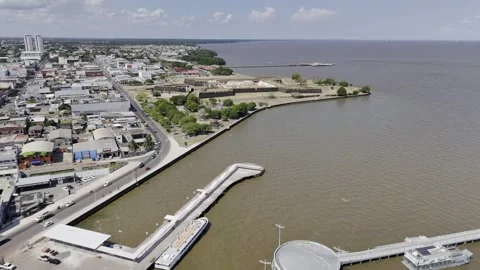 Drone flies over Trapiche Santa Ines and Fortaleza de Sao Jose de Macapá Stock Footage 290772235