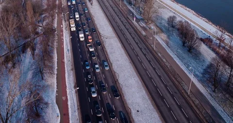 Drone flies over two streets near the Vistula, one lane is completely empty, Video stock 112074741