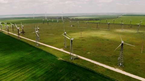 Drone Flies Over a Windmill Park. Clean Renewable Energy  Stock Footage 163847164