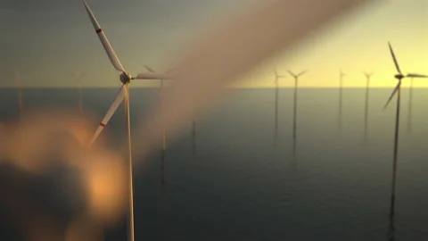 Drone Flies Over a Windmill Park at Sunset. Aerial View of a Farm With Wind Turb Stock Footage 210338433