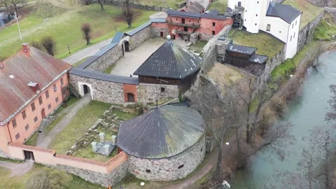 A drone flies slowly over an old castle Stock Footage 147285126
