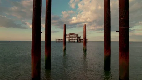 Drone flies through columns of West Pier Stock Footage 219312495