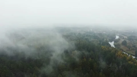 Drone flies through rain clouds moving over treetops woodland and winding river Stock Footage 141007248