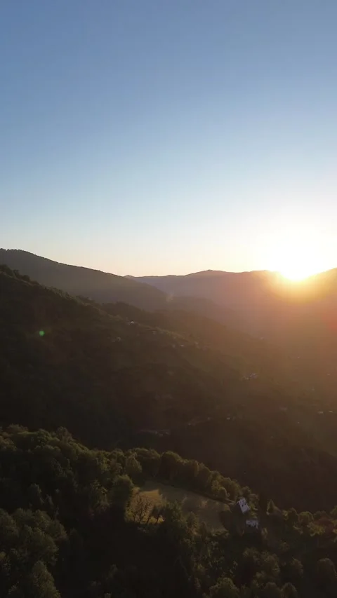 Drone Flies Toward Setting Sun, Mountain Peaks, Georgia, 4K 스톡 동영상 337541684