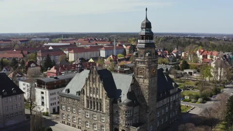 The drone flies towards the side of the town hall of Wittenberge. A small town Stock Footage 163123252
