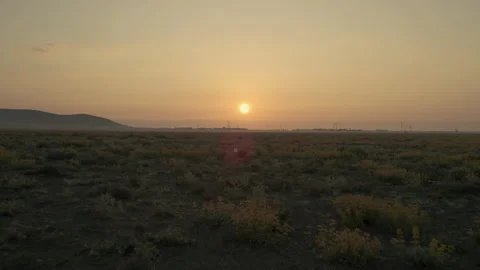 Drone flies very close to ground during sunrise over tundra Video stock 200140040