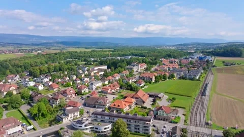 Drone Flight Aarberg East Over Railway Toward Hospital Switzerland 動画素材 332935948