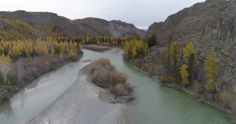 Drone flight above Chuya river flowing near rocky mountains and trees, Altai Stock Footage 143836002