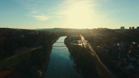 Drone flight above city river Stock Footage 104726024