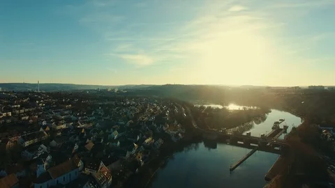 Drone flight above city river Stock Footage 104727079