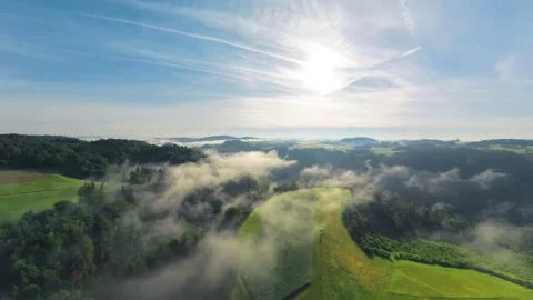Drone Flight Above Clouds over Sunny Mühlviertel Landscape Austria 스톡 동영상 345025093