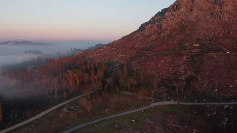 Drone flight above a forest and a mountain at sunset in Galicia Stock Footage 122463901