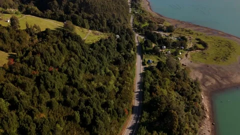 Drone Flight Above Forest Road Tilting Up to Reveal Fjord and Mountains 库存影片 334659196