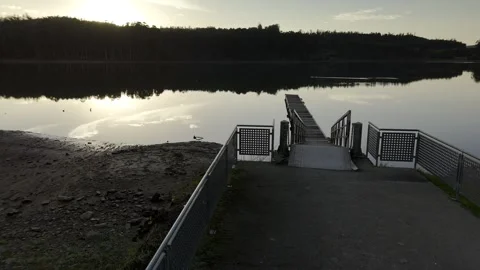 Drone flight above lagoon and trees during golden hour Stock Footage 323954985