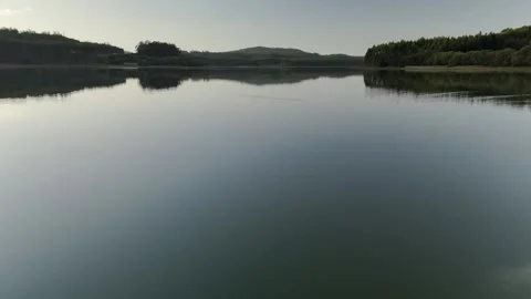 Drone flight above lagoon and trees during golden hour Stock Footage 323955345
