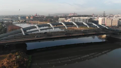 Drone flight above modern bridge over Vistula River in historic city Krakow. Stock Footage 147926816