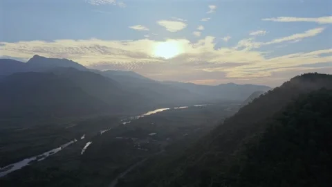 Drone Flight Above Mountain Peak at Sunrise with Golden Light, Vietnam Stock Footage 336857270