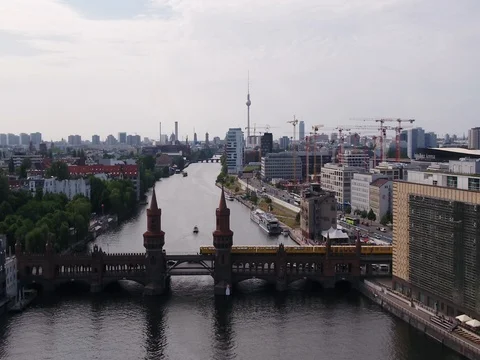 A drone flight above the Oberbaumbruecke in summer, Berlin, aerial. Stock Footage