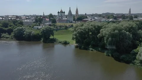 Drone flight above river and Kolomna cathedral Stock Footage 327230048