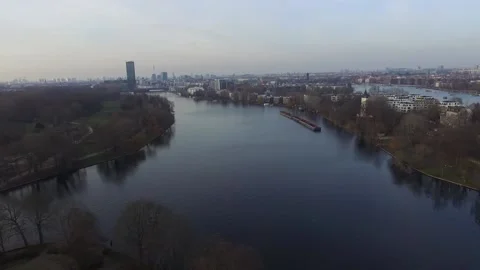 Drone Flight Above The Spree River With View Of The Rummelsburger Bucht, Berlin Видео 223192281