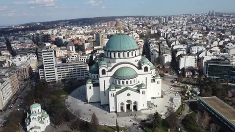 Drone flight above the St. Sava Temple placed in the Belgrade city. The largest Stock Footage 274135779