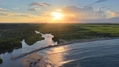 Drone Flight Above Tropical Lagoon and River Mouth at Sunset in Sri Lanka Stock Footage 339285972
