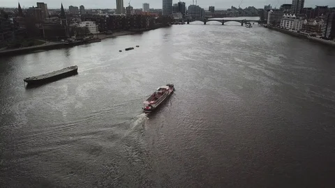 Drone flight (aerial) over the River Thames, central London. Video stock 87850628