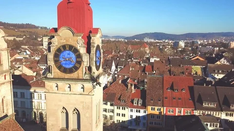 Drone flight with aerial view above church in old town Stock Footage 107083245