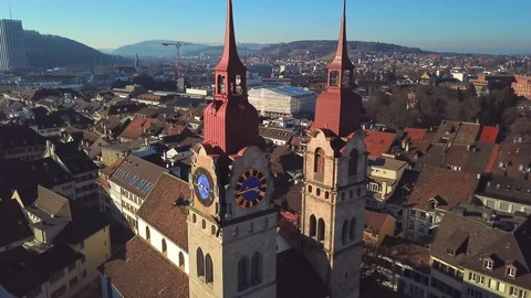 Drone flight with aerial view above church in old town Stock Footage 107083324