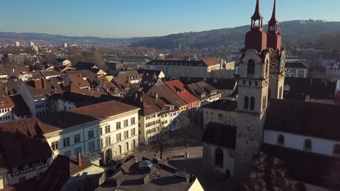 Drone flight with aerial view above church of Winterthur in Switzerland. Stock Footage 107086357