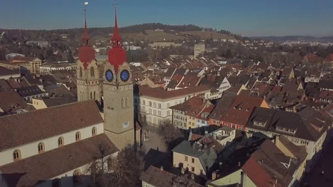 Drone flight with aerial view above church of Winterthur in Switzerland. Stock Footage 107086483