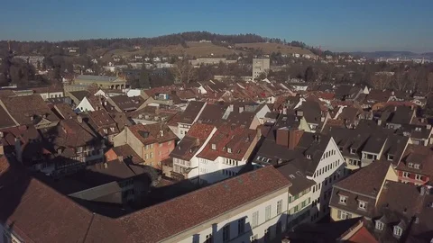 Drone flight with aerial view above church of Winterthur in Switzerland. Stock Footage 107086499