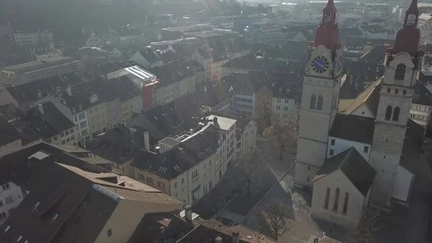 Drone flight with aerial view above church of Winterthur in Switzerland. Stock Footage 107086635