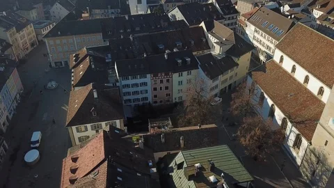 Drone flight with aerial view above church of Winterthur in Switzerland. Stock Footage 107086679