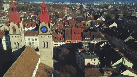 Drone flight with aerial view above church of Winterthur in Switzerland. Stock Footage 107086846