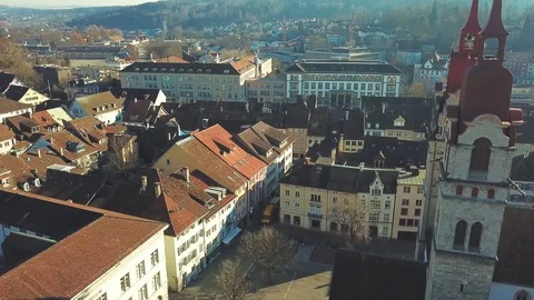 Drone flight with aerial view above church of Winterthur in Switzerland. Stock Footage 107086882