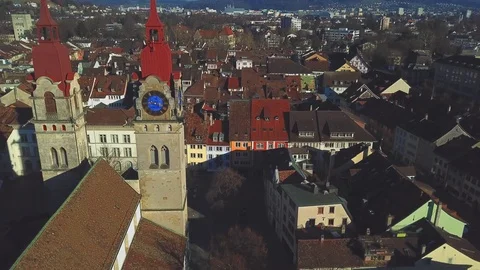 Drone flight with aerial view above church of Winterthur in Switzerland. Stock Footage 107086949