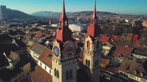 Drone flight with aerial view above church in old town Stock Footage 107087845