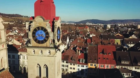 Drone flight with aerial view above church in old town Stock Footage 107087864