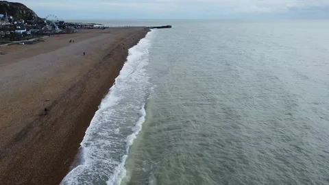 Drone flight along beach at Hastings, England Stock Footage 178176192