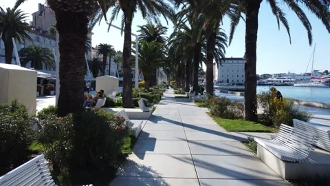 Drone flight along the bustling Riva waterfront in Split Stock Footage 232328307