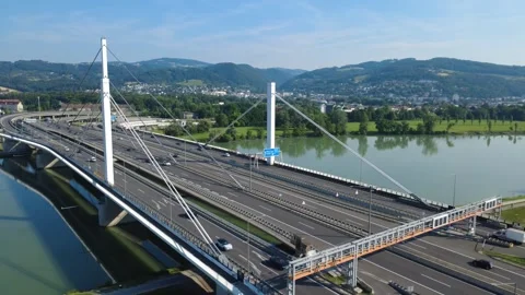 Drone Flight Along Danube Highway Bridge in Linz Austria Vídeos de archivo 337782849