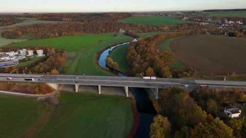 Drone Flight Along Highway and River Stock Footage 321291976