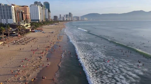 Drone Flight Along My Khe Beach Waves in Da Nang, Vietnam Stock Footage 340536396