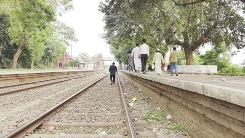 Drone Flight Along Railway Tracks at Mirpur Railway Station in Bangladesh. Stock Footage 338007912