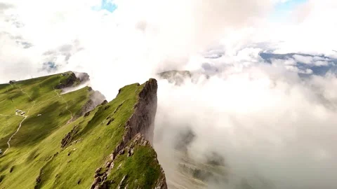 Drone Flight Along Seceda Ridge from Alternate Angle – Dolomites, Italy Stock Footage 313891985