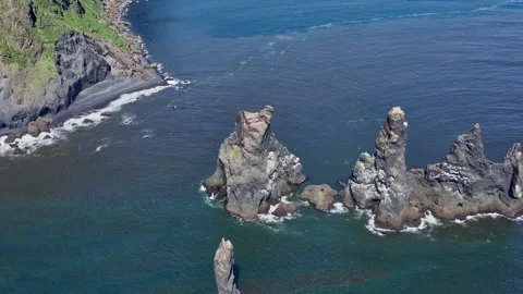 Drone Flight Arcing Over Sea Stacks Off Coastline Stock Footage 217775312